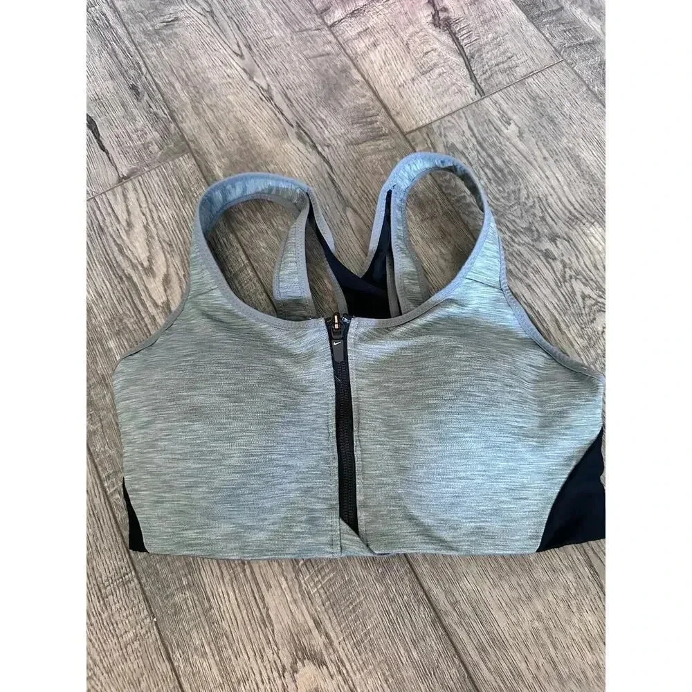 Nike Gray & Black High-Support Racerback Padded Zip Front Sports Bra Size Small